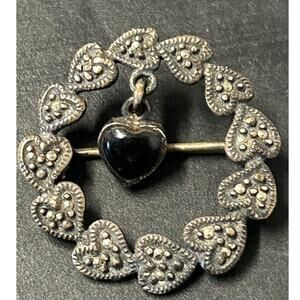 Vintage Sterling Silver and Marcasite Wreath Brooch/Pin Black Onyx Drop Heart